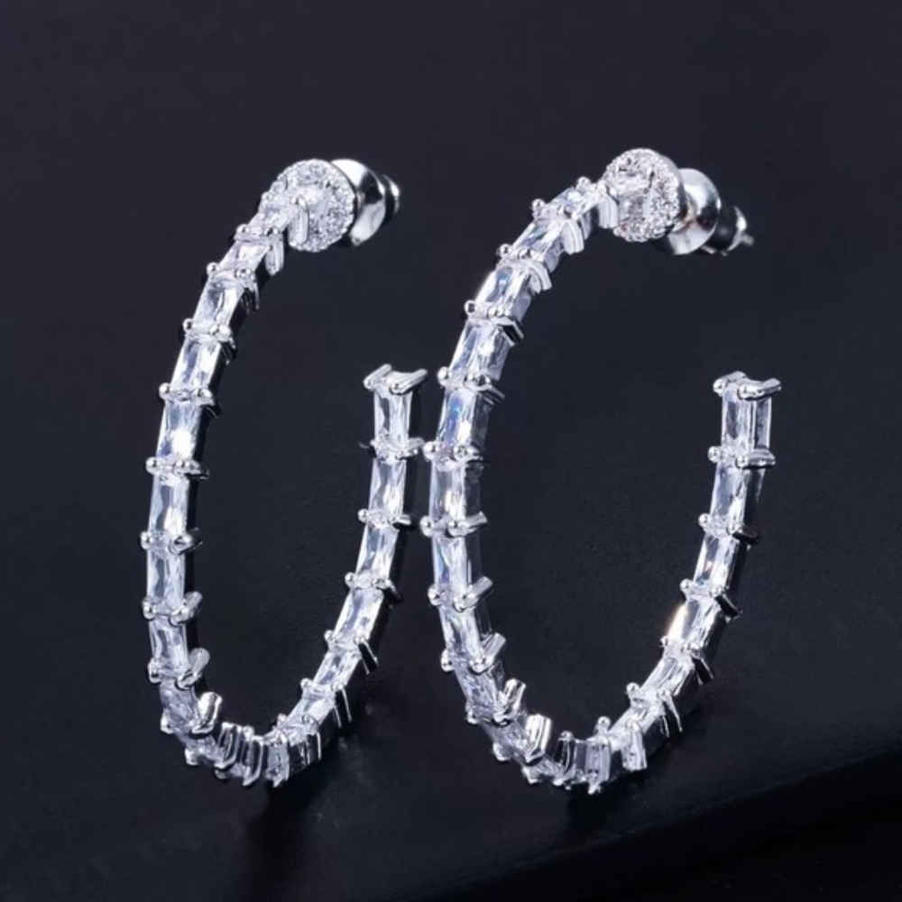 ~35mm Emerald Cut Eternity Wedding Band Hoops Pin Earrings